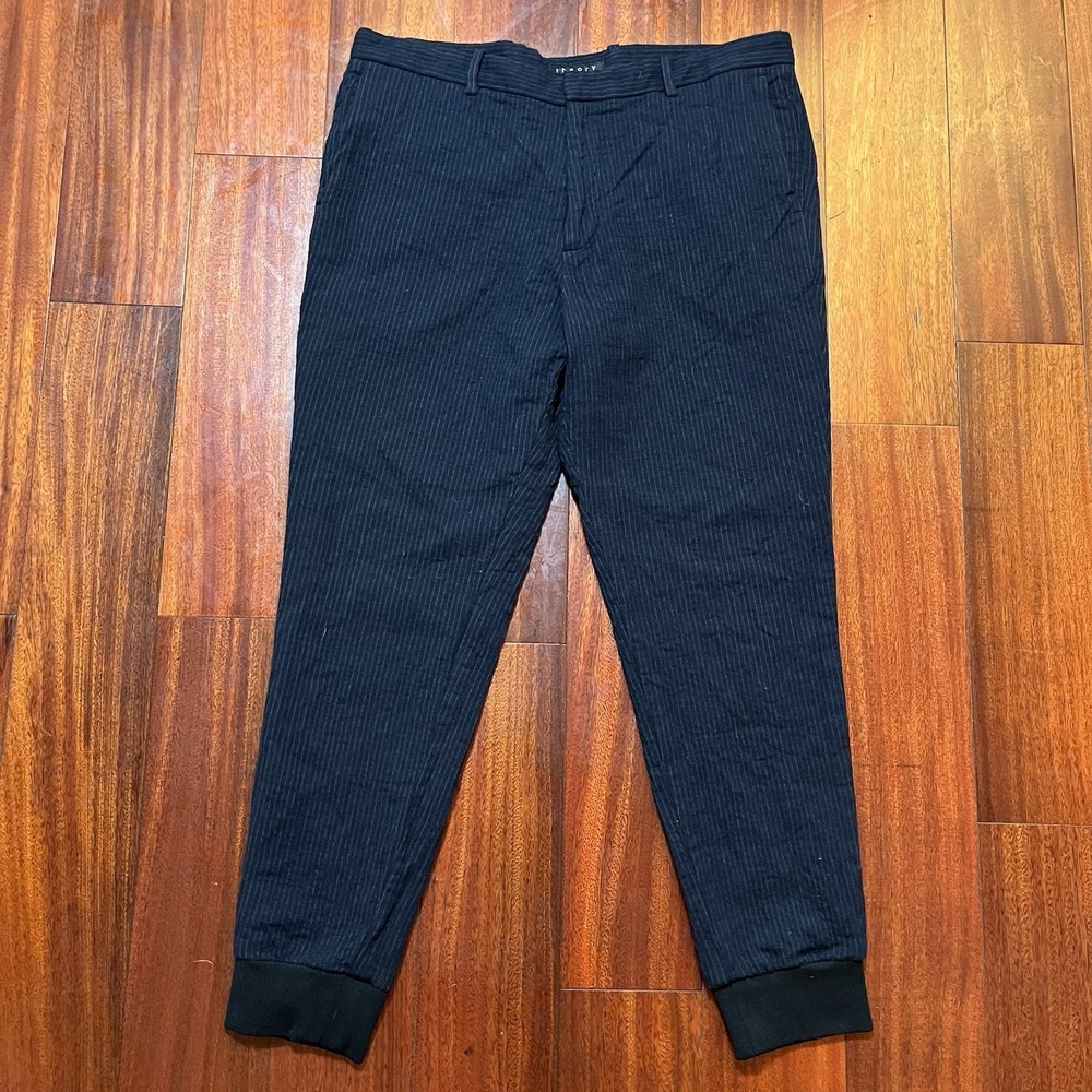 Theory Pants Womens 34x27 Blue Pinstriped Cuffed Jogger Wool Stretch Preppy